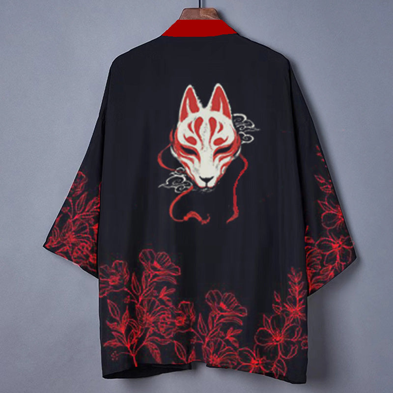 Fox Flower Red Print Cardigan Kimono modakawa