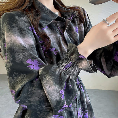 Vintage Purple Flowers Print Long Sleeve Shirt modakawa