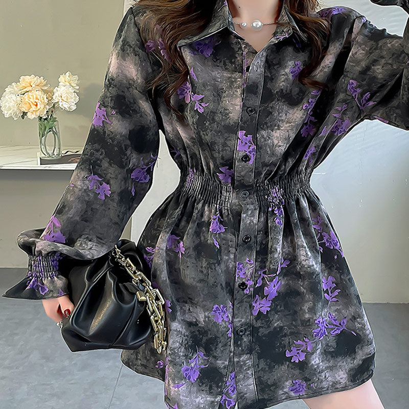 Vintage Purple Flowers Print Long Sleeve Shirt modakawa