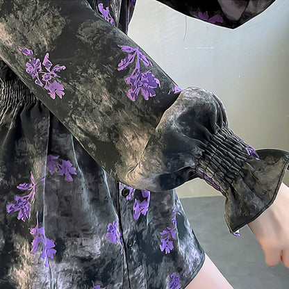 Vintage Purple Flowers Print Long Sleeve Shirt modakawa