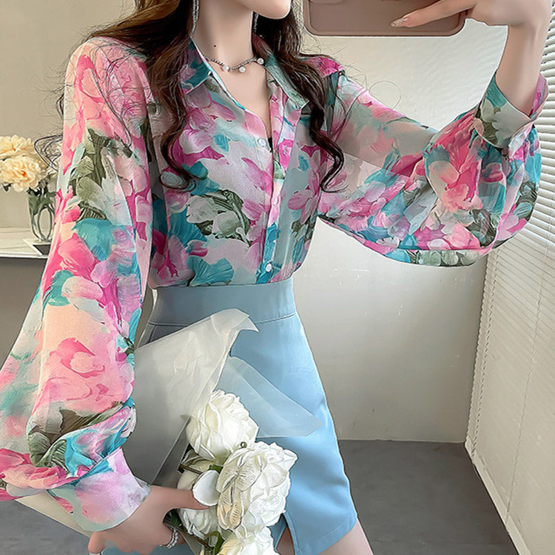 Fashion Flowers Colorful Long Sleeve Shirt modakawa