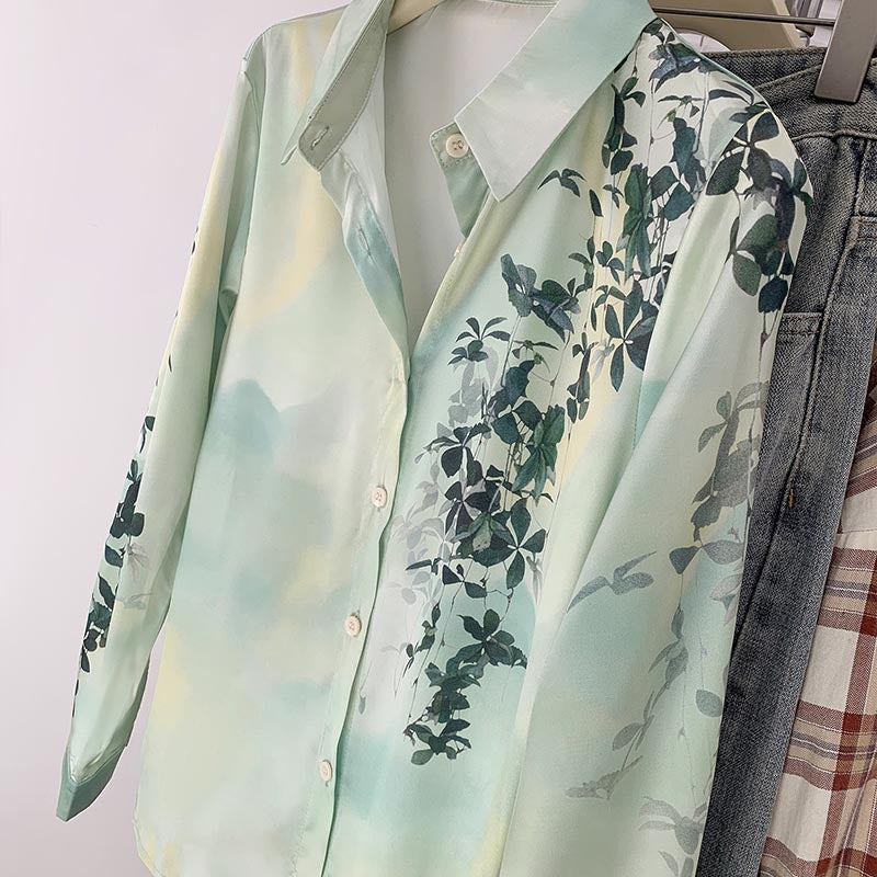 Sweet Leaf Print Long Sleeve Button Shirt modakawa