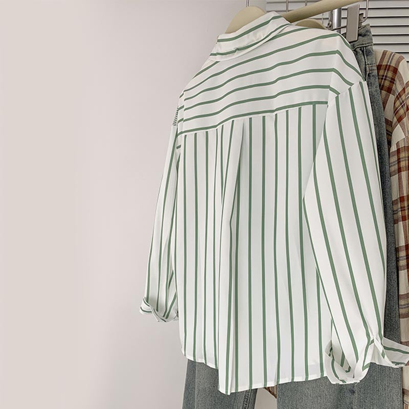 Stripe Green Long Sleeve Button Shirt modakawa