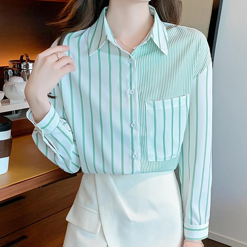 Stripe Green Long Sleeve Button Shirt modakawa