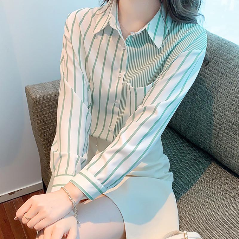 Stripe Green Long Sleeve Button Shirt modakawa