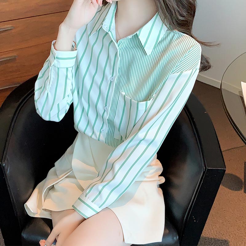 Stripe Green Long Sleeve Button Shirt modakawa