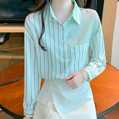 Stripe Green Long Sleeve Button Shirt modakawa