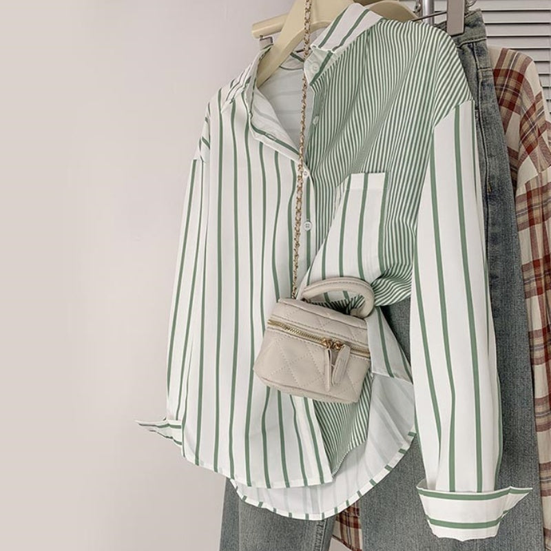 Stripe Green Long Sleeve Button Shirt modakawa