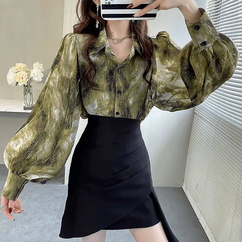 Vintage Green Embroidery Long Sleeve Shirt modakawa