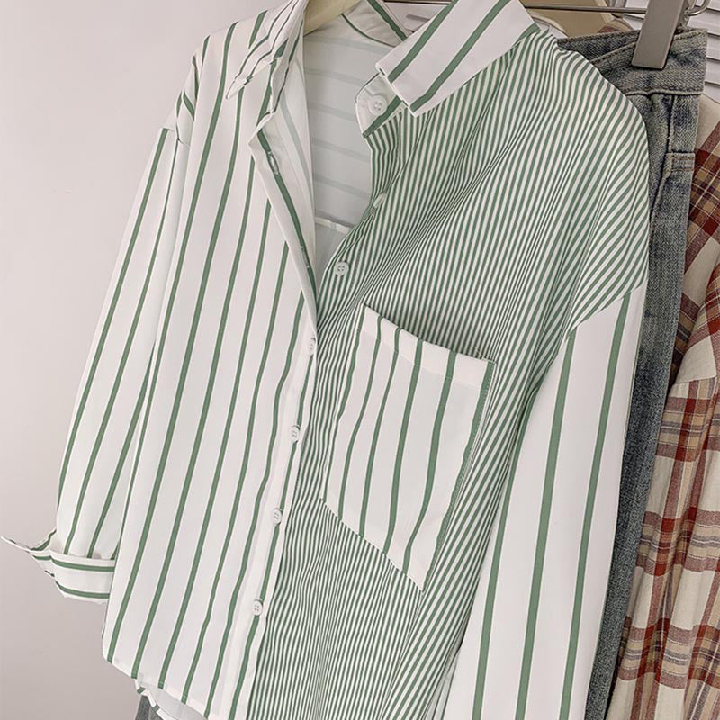 Stripe Green Long Sleeve Button Shirt modakawa