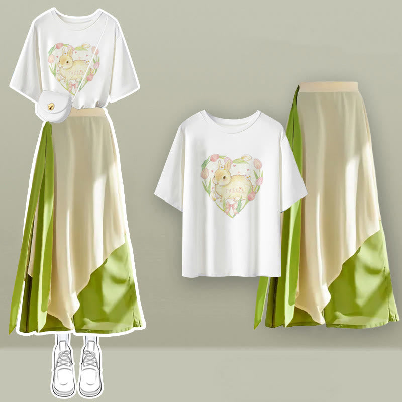 Cartoon Green Letter Print T-Shirt Chiffon Wide-Leg Pants modakawa