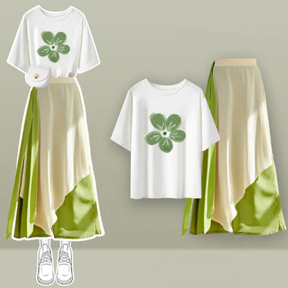 Cartoon Green Letter Print T-Shirt Chiffon Wide-Leg Pants modakawa