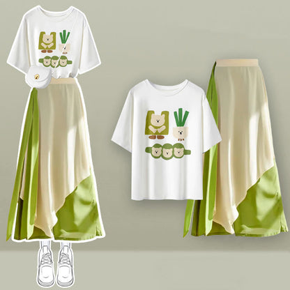 Cartoon Green Letter Print T-Shirt Chiffon Wide-Leg Pants modakawa