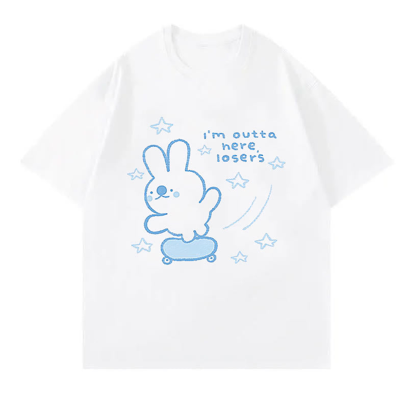 Cartoon Fox Letter Print T-Shirt Blue Pantskirt modakawa