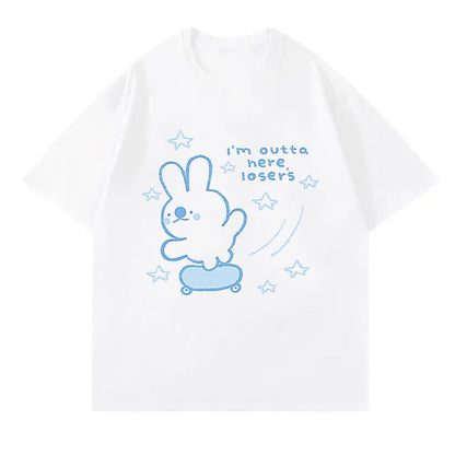 Cartoon Fox Letter Print T-Shirt Blue Pantskirt modakawa