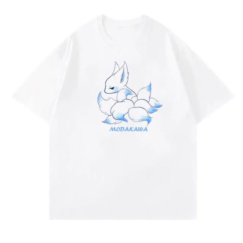 Cartoon Fox Letter Print T-Shirt Blue Pantskirt modakawa