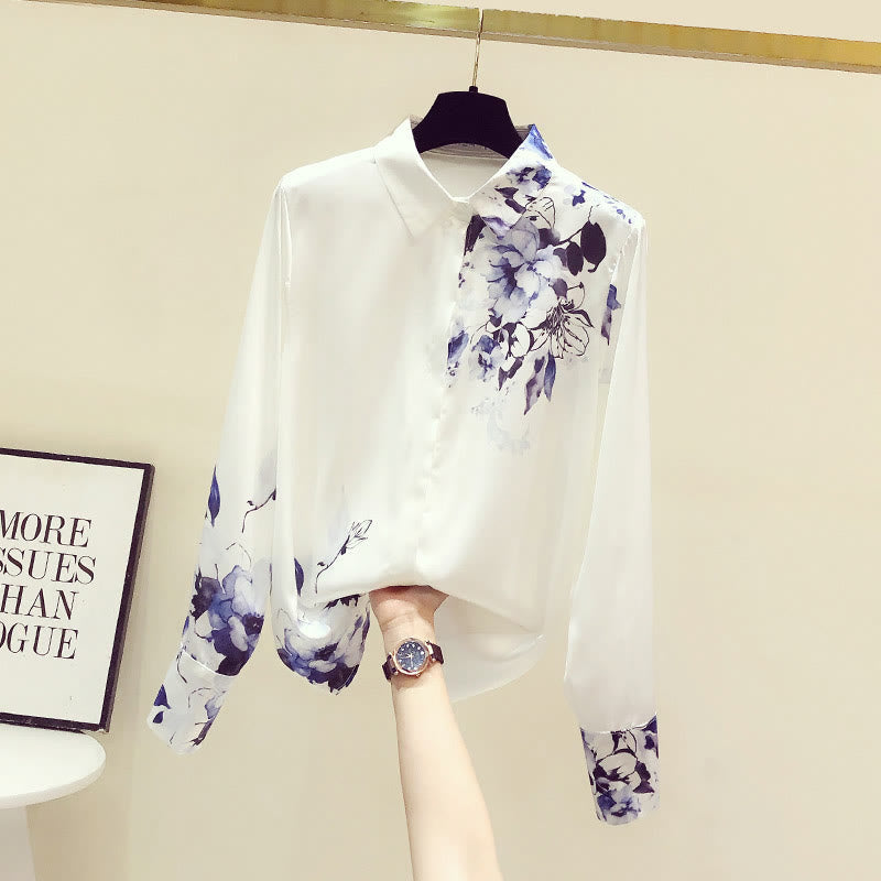 Elegant Flowers Print Long Sleeve Shirt modakawa