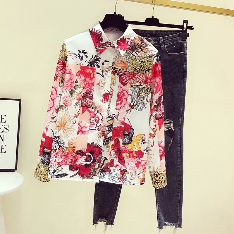 Vintage Flowers Print Long Sleeve Shirt modakawa