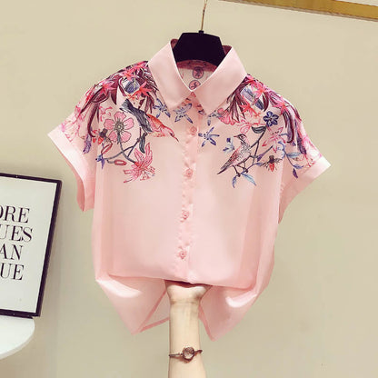 Pink Flowers Print Short Sleeve Shirt modakawa