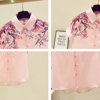 Pink Flowers Print Short Sleeve Shirt modakawa