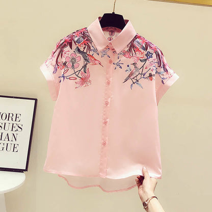 Pink Flowers Print Short Sleeve Shirt modakawa