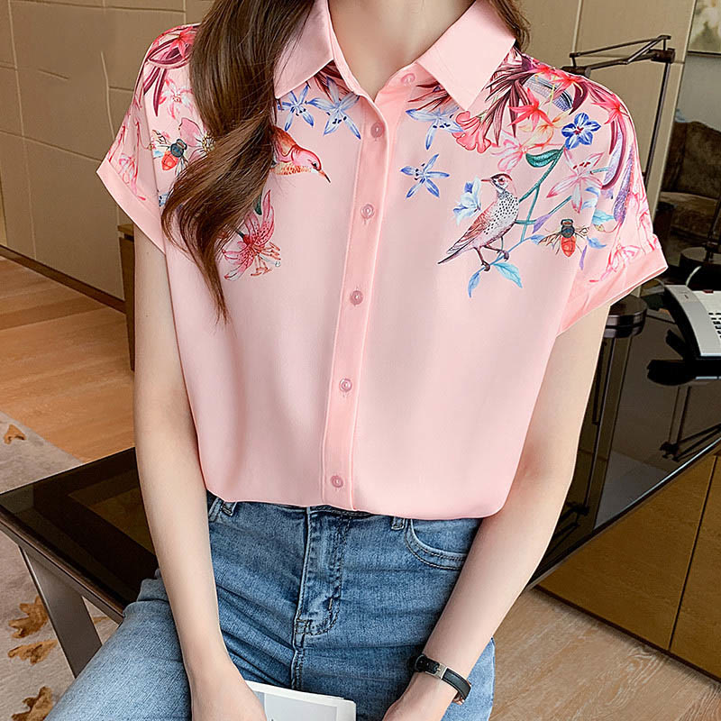 Pink Flowers Print Short Sleeve Shirt modakawa