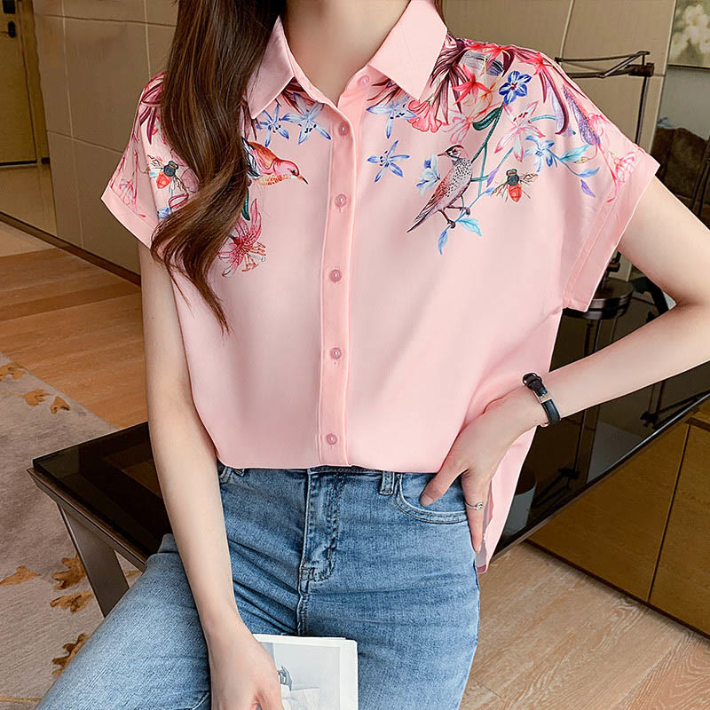 Pink Flowers Print Short Sleeve Shirt modakawa