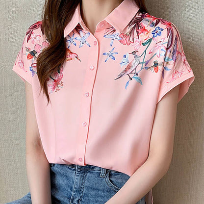 Pink Flowers Print Short Sleeve Shirt modakawa