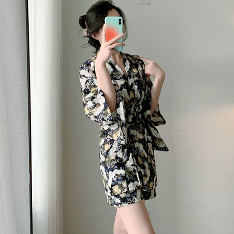 Chic Cotton Crane Print Pajamas Modakawa