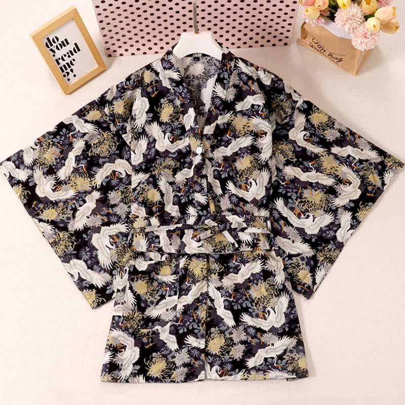 Chic Cotton Crane Print Pajamas Modakawa