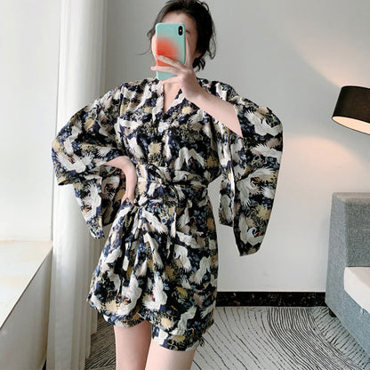 Chic Cotton Crane Print Pajamas Modakawa