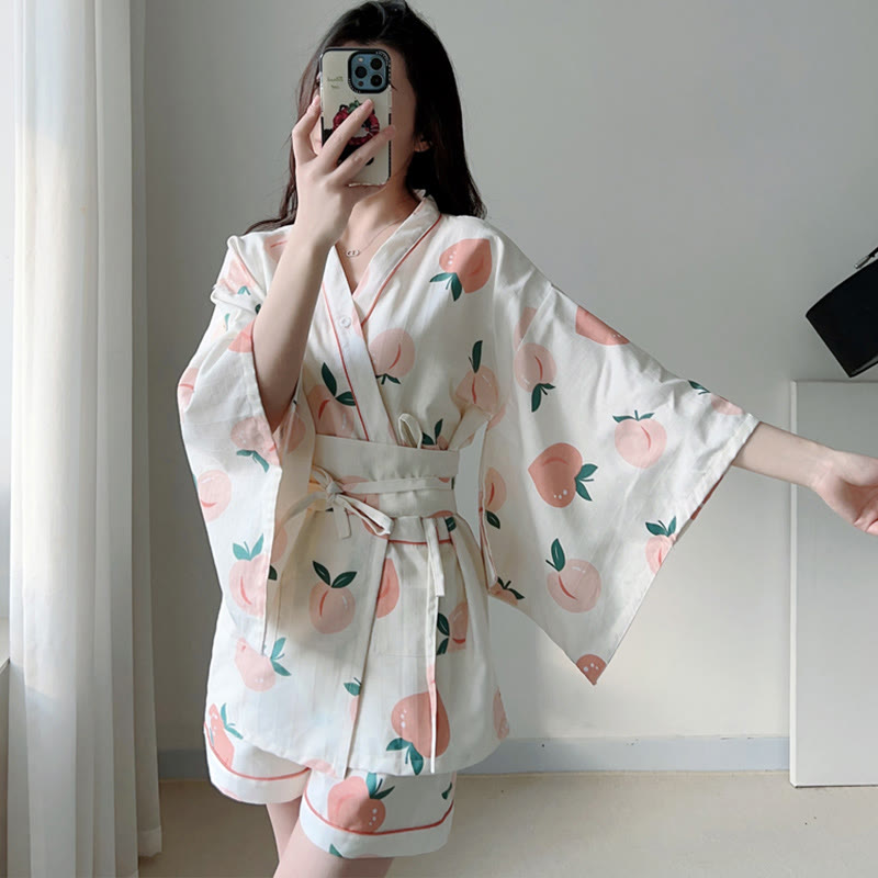 Cotton Kimono Peach Print Pajamas Modakawa