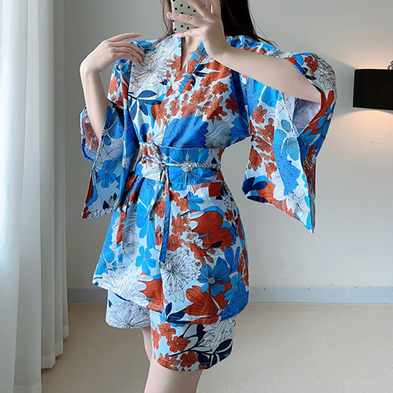 Blue Kimono Red Flowers Print Pajamas Modakawa