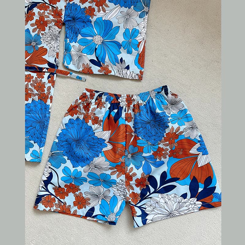 Blue Kimono Red Flowers Print Pajamas Modakawa