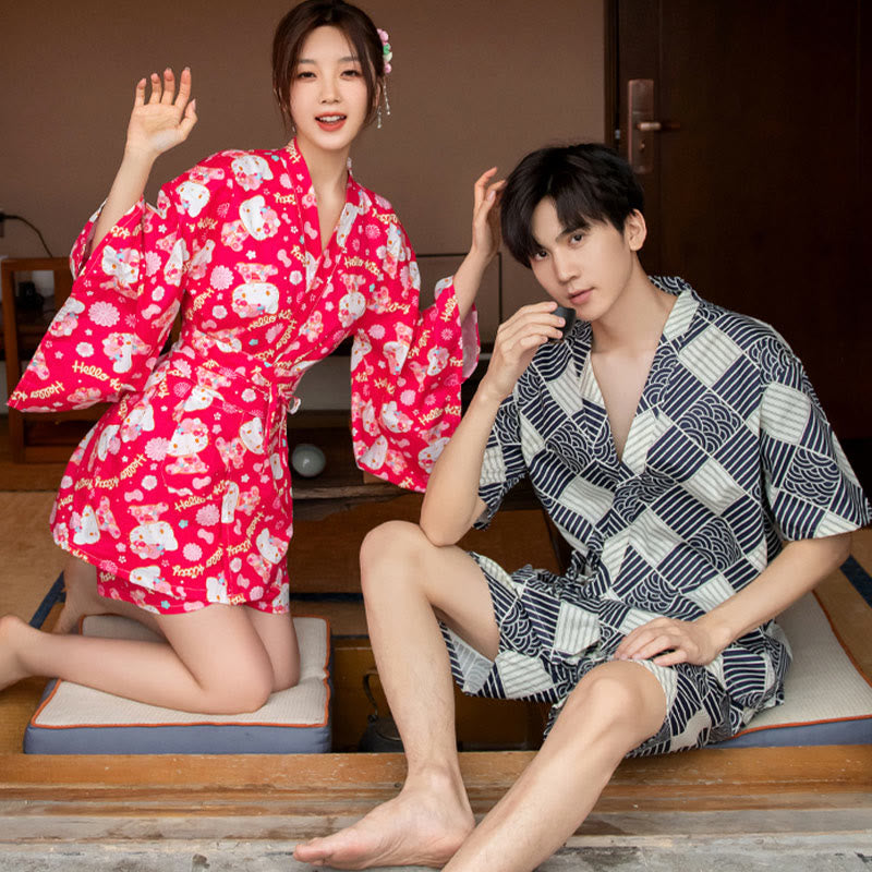 Cotton Kimono Kitty Print Couple Outfit Pajamas Modakawa