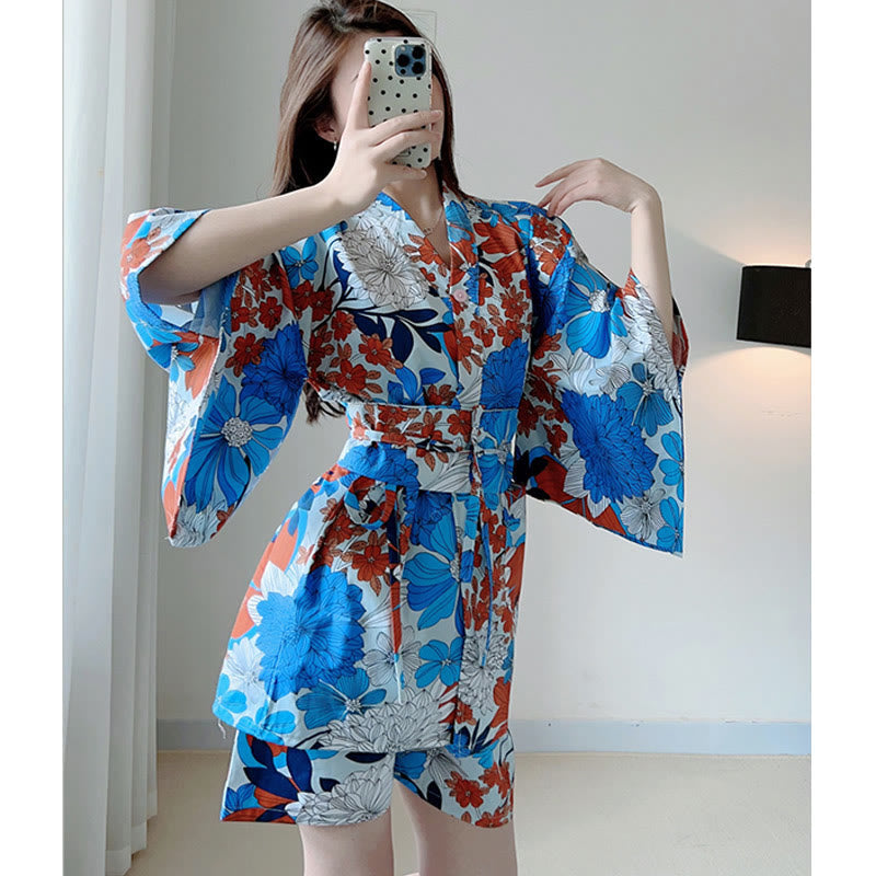 Blue Kimono Red Flowers Print Pajamas Modakawa