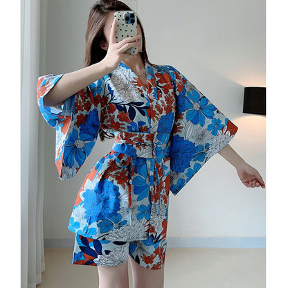 Blue Kimono Red Flowers Print Pajamas Modakawa