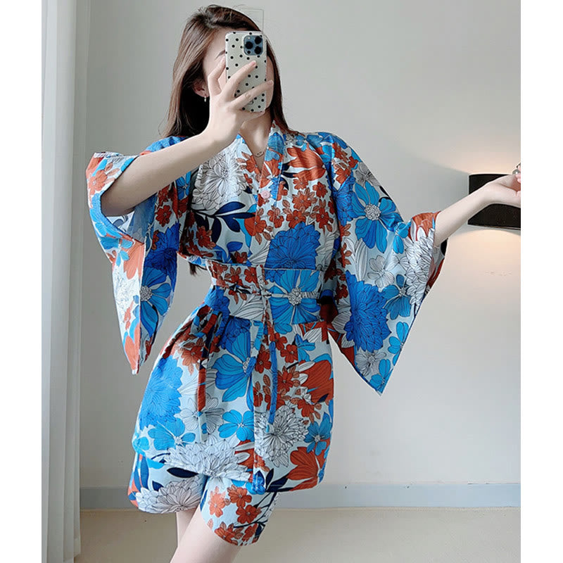 Blue Kimono Red Flowers Print Pajamas Modakawa