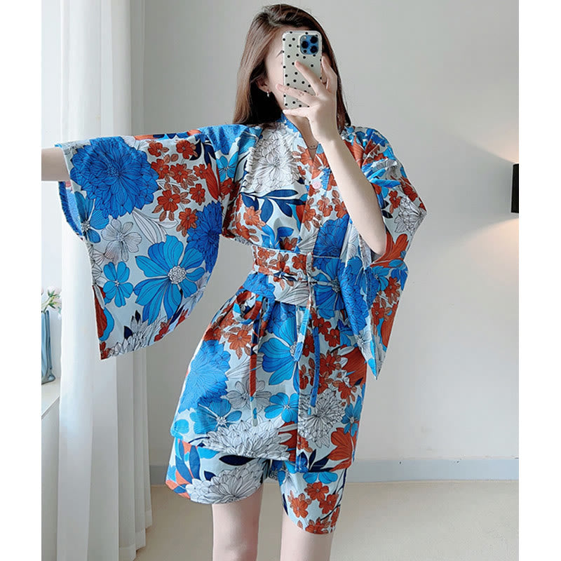 Blue Kimono Red Flowers Print Pajamas Modakawa