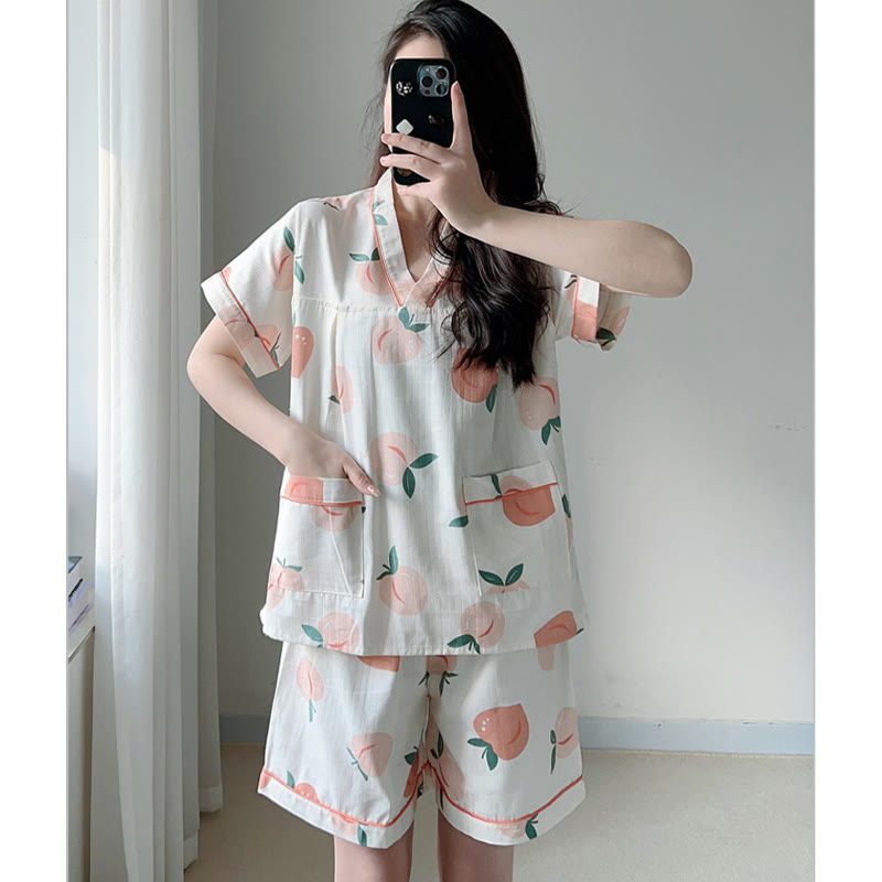 Cotton Kimono Peach Print Pajamas Modakawa