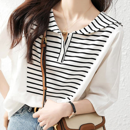 Navy Collar Striped White Top Shirt Modakawa