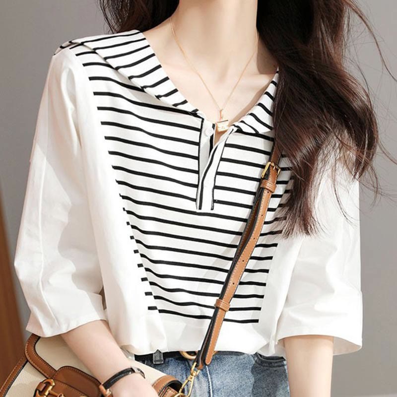 Navy Collar Striped White Top Shirt Modakawa