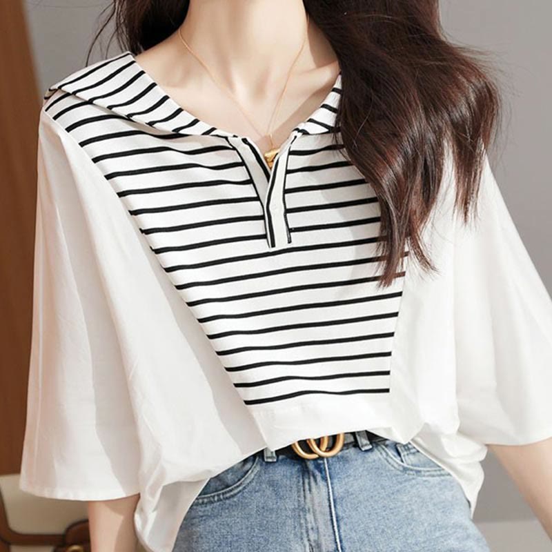 Navy Collar Striped White Top Shirt Modakawa