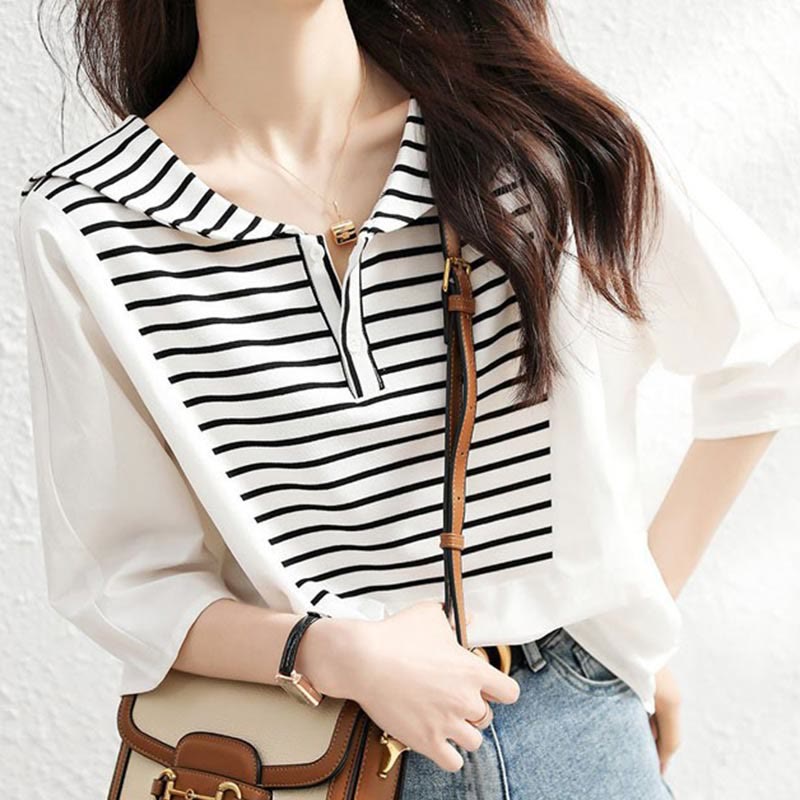 Navy Collar Striped White Top Shirt Modakawa