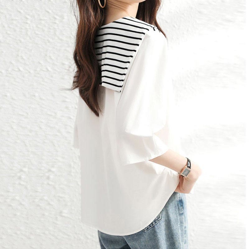 Navy Collar Striped White Top Shirt Modakawa