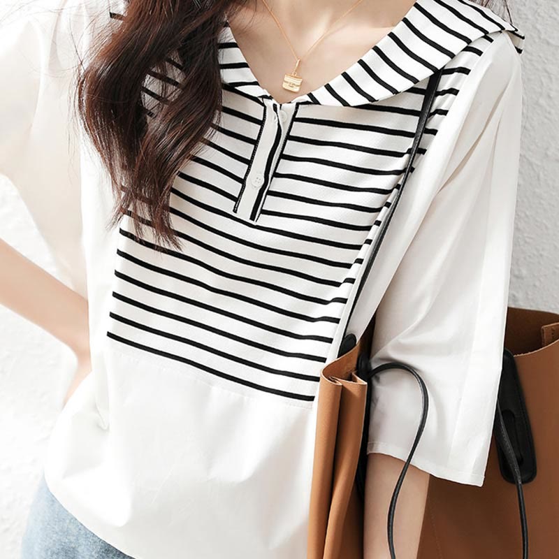 Navy Collar Striped White Top Shirt Modakawa