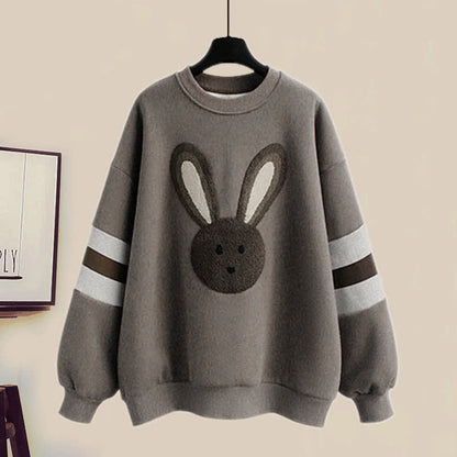 Grey Rabbit Plush Sweatshirt Roll Up Denim Pants modakawa