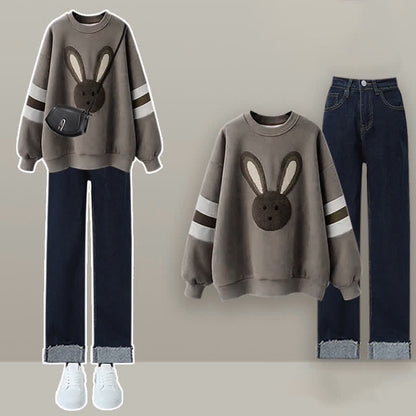 Grey Rabbit Plush Sweatshirt Roll Up Denim Pants modakawa