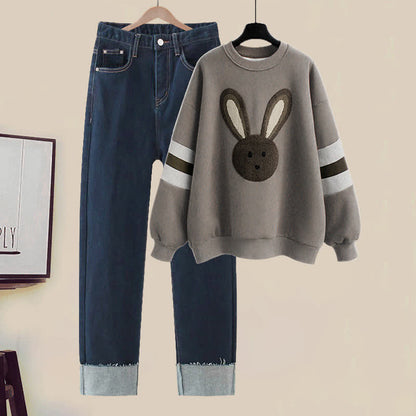 Grey Rabbit Plush Sweatshirt Roll Up Denim Pants modakawa