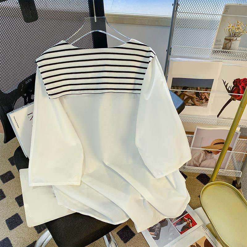 Navy Collar Striped White Top Shirt Modakawa